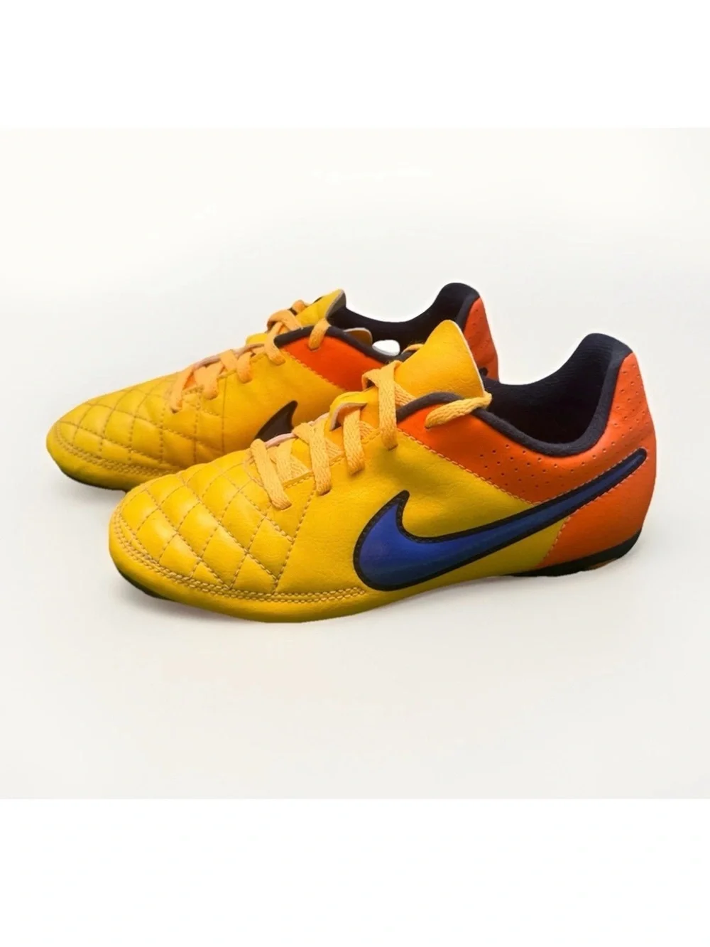 Nike Tiempo US 1.5Y Yellow Orange Blue Quilted Soccer Cleats Athletic Footwear